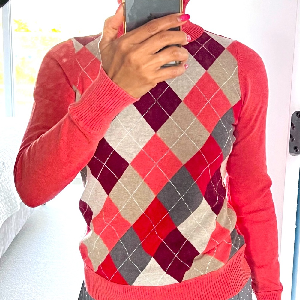 Vibrant Argyle Turtleneck Sweater